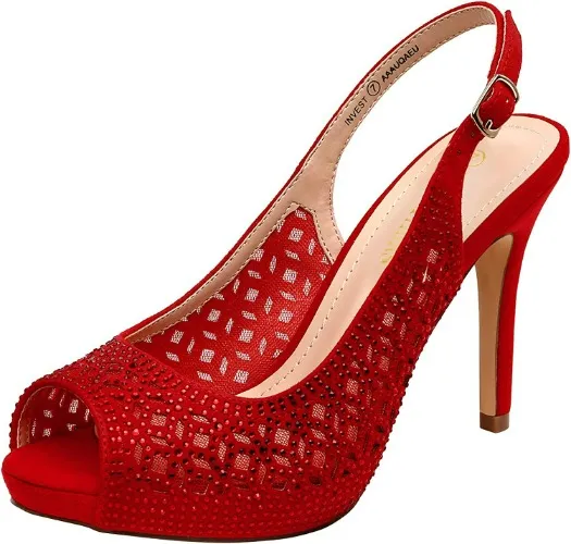 DREAM PAIRS Women's High Heels Platform Dress Rhinestones Peep Toe Pumps Shoes - 8 Red/Suede
