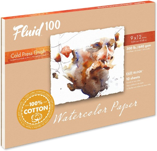 Fluid 100 Artist Watercolor Block, 300 lb (640 GSM) 100% Cotton Cold Press Pad for Watercolor Painting and Wet Media w/ Easy Block Binding, 9 x 12 inches, 10 Sheets - 9 x 12 BLOCK 300 lb (640 GSM) Cold Press