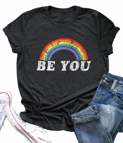 Pride Shirt Women Rainbow Graphic Tees Funny Be You Letter Print T Shirt LGBT Equality Shirts Casual Short Sleeve Tops - Be You, Dark Gray Large