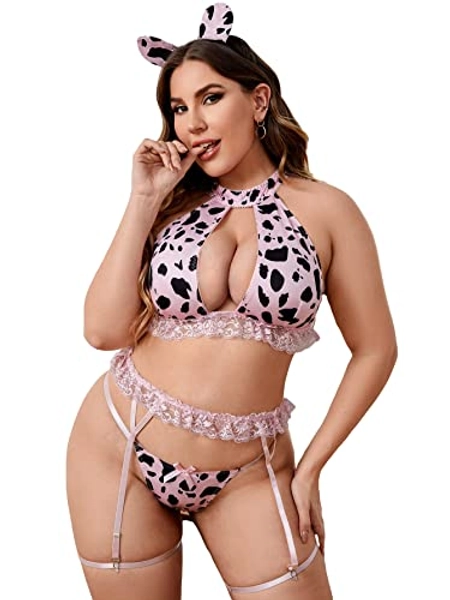 OYOANGLE Women's Plus Size 6 Piece Cow Print Cut Out Garter Costume Cosplay  Lingerie Set