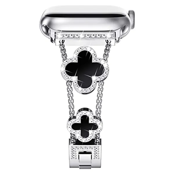 NewWays Bling Metall Armband Kompatibel für Apple Watch 38mm 40mm 41mm Frauen,Diamant Edelstahl Ersatzarmbänder für iWatch Series 9/8/7/6/5/4/3/2/1/SE(2023-2020),Silber/Schwarzes Blatt