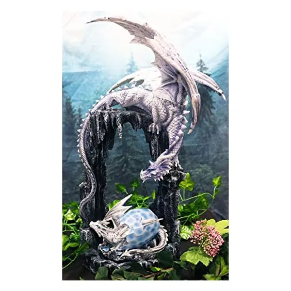 Ebros Large 21"Tall Blizzard White Frozen Dragon Mother Perching On Cavern Overhang With White Baby Wyrmling Hatchling In Egg Statue Home Decor Resin Medieval Old World Fantasy Dragons Accent Figurine