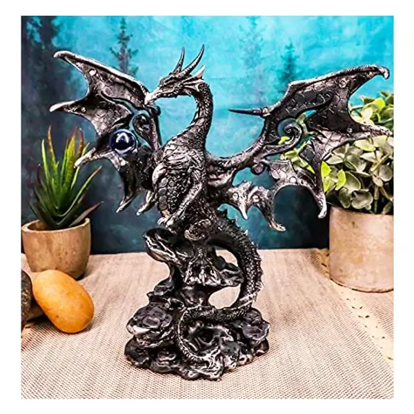 Ebros Draco Fantasy Gothic Dragon with Blue Orb Statue 8" Tall Land of The Dragons Home Decor Dragon Beast Sculpture