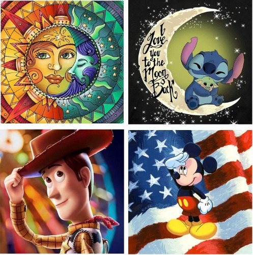 4 Pack DIY 5D Diamond Painting Kits Packaged in a Gift Box - Sun and Moon(13.8x13.8”), Stitch Hugging Baby Yoda(13.8x13.8”), Woody (15.7x15.7”), Mickey Mouse Salutes American Flag (15.7x15.7”)