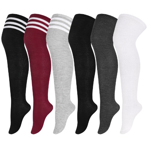 Aneco 6 Pairs Plus Size Over Knee Socks Women Warm Thigh High Stockings for Daily Use, L-XXL - White, Dark Grey, Black, Mixed Colors