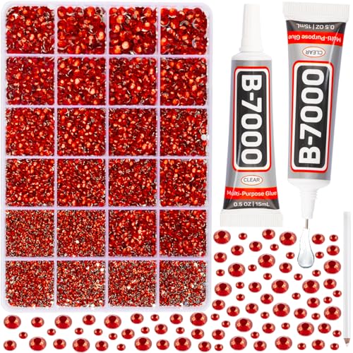 20100Pcs Red Rhinestones for Crafts with b7000 Gem Glue for Clothes Clothing, Flatback Red Rinestones Crystals Diamonds for Fabric Shoes DIY Decoration, Flat Back Red Gemstones Bulk Badazzle Kit 2-6mm - Red