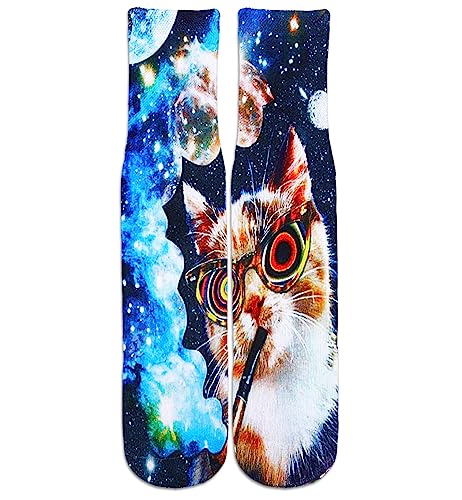 Benefeet Sox Mens Crazy 3D Printed Socks,Funny Birthday Gifts for Him,Weird Silly Crew Socks for Men,Father,Teens,Boys,Son - Medium - Space Glass Cat