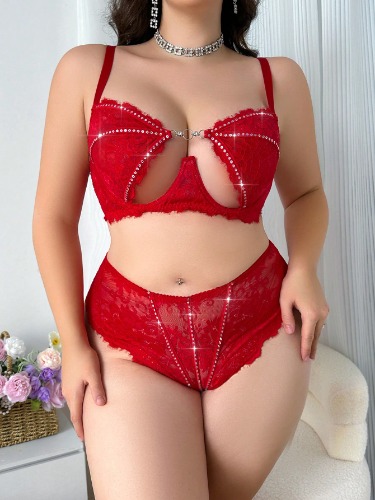 Plus Size 2pcs/Set Lace Hollow-Out Sequin Detail Red Lingerie Set With Underwire