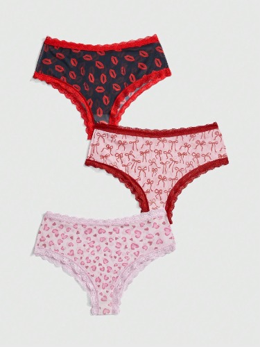ROMWE Romantic Heart Lips Bow Full Print Lace Stitching Plus Size Briefs 3 Pieces Set