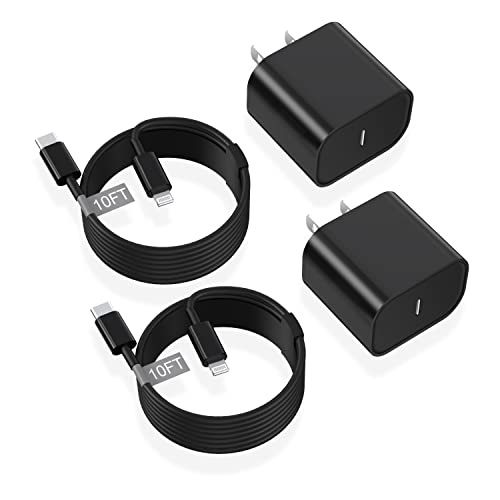 [Apple MFi Certified] iPhone Fast Charger,2Pack 20W PD USB C Wall Charger Power Adapter & 2Pack 10FT Extra Long USB C to Lightning Fast Charging Data Sync Cable for iPhone 14 13 12 11 XS XR X 8, Black