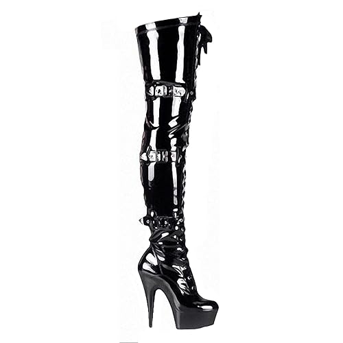 High Heel,Men Womens Over The Knee Boots Lace Up Leather Thigh High Boots with Belt Sexy Slim Stretchy Pole Dance Boots Heels 15cm,A,8 UK