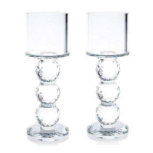 London Boutique Set 2 Decorative Gift Present Crystal Clear Cylinder Candle Holder 20cm - Crystal