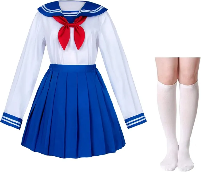 Japanese School Girls Uniform Sailor Navy Blue Pleated Skirt Anime Cosplay Costumes with Socks Set(SSF13)
