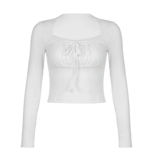 White Lace Patchwork Cute Kawaii Long Sleeve Cropped Top - White / S