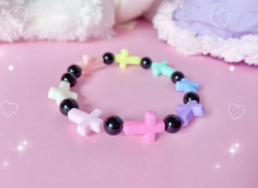 Pastel Goth Rainbow Cross Bracelets, Yamikawaii Stretchy Jewellery
