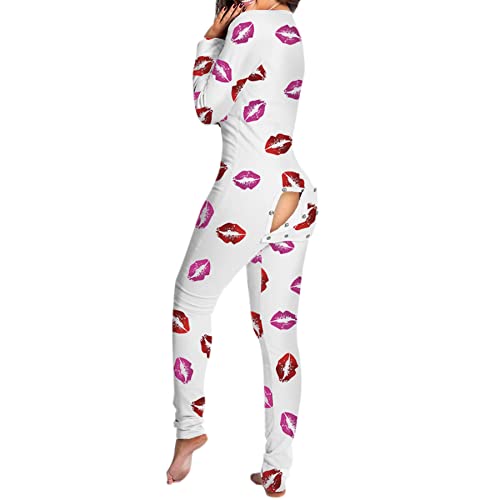 Eilova Orityle Women's Sexy Bodycon Romper Butt Button Back Flap Onesie Pajamas Bodysuit One Piece Shorts Jumpsuit - Small - White-lip-long-sleeved
