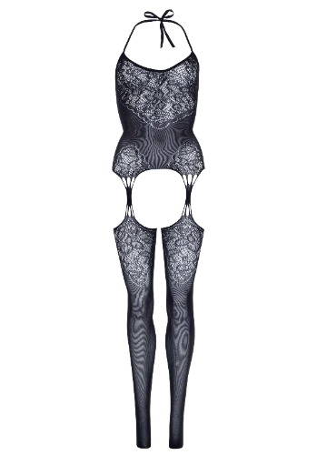 Seamless Lace Jacquard Net Suspender Bodystocking  - 1x-2x - Black