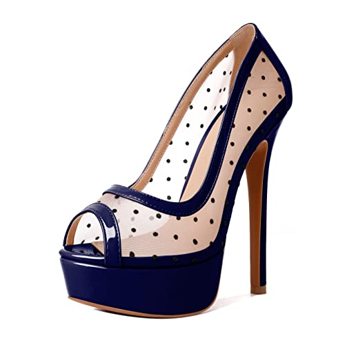 AUMOTED Women's Peep Toe High Heel Platform Stiletto Pumps Slip On Patent Mesh Polka Dot Heels 5.5" Party Wedding Dress Shoes - 11 - Navy
