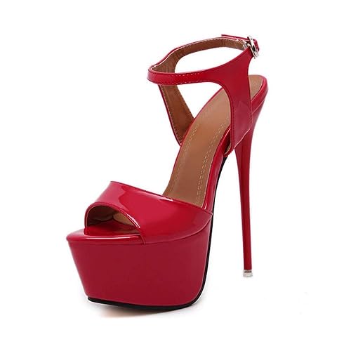 OCHENTA Women's Open Toe Platform Sky High Stiletto Heel Ankle Strap Buckle Party Sandals - 10.5 - 4 Red
