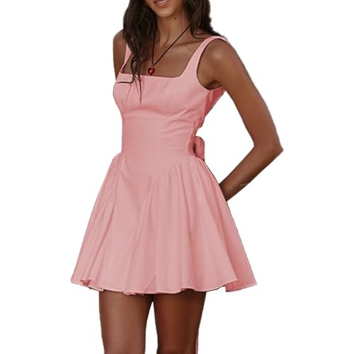Womens Square Neck Dress Sleeveless Backless Swing A-Line High Waist Tie Waist Ruffle Hem Summer Casual Short Mini Dress - X-Large - 58pink