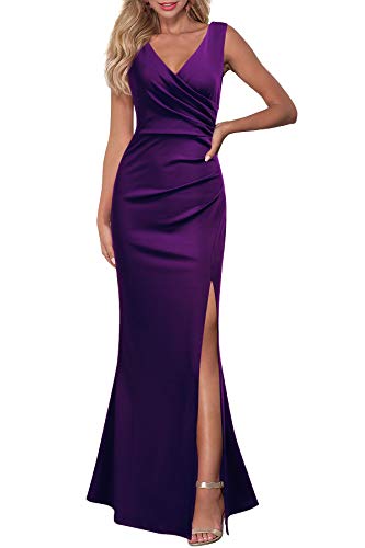 WOOSEA Women Sleeveless V Neck Split Evening Cocktail Long Dress - X-Large - Purple