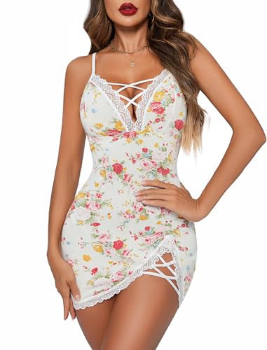 Avidlove Women Sexy Nightgown Lace Babydoll Chemises V-Neck Modal Sleepwear Full Slip Side Slit Sleep Dress XS-XXL - X-Large - White Floral