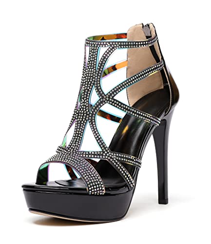 SAMMITOP Women's High Heel Sandals with Rinestones, Sexy Gladiator Platform Sandals, Open Toe Strappy Pumps shoes for Party Event Night Dress - 10 - Black