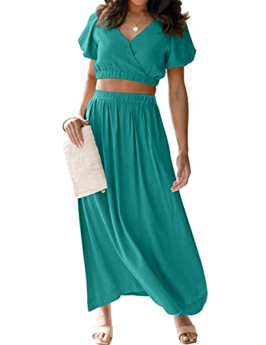 MEROKEETY Women's 2023 Summer Two Piece Outfits V Neck Puff Sleeve Crop Top and Flowy Maxi Skirt Set - Large - Lakegreen