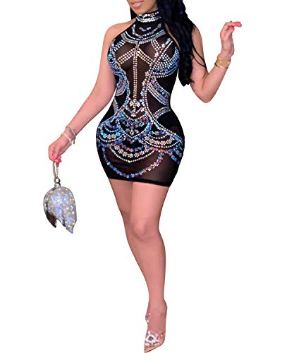 PORRCEY Women's Sexy Rhinestone Sleeveless Night Club Dress Party Clubwear for Women - XX-Large - Black 23