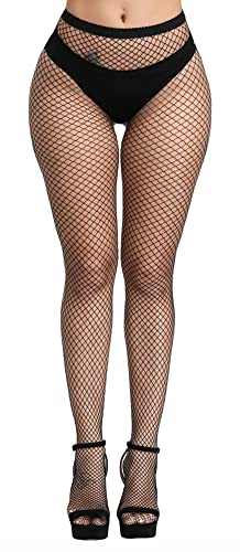 Henwarry Women's Fishnet Stockings Thigh High Wide Fishnet Tights - B02-black(small Hole)