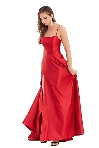 GOOSPRAN Homecoming Dresses for Teens Knee Length Spaghetti Strap with Pockets Satin Backless Prom Dress - 14 - Red