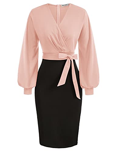 GRACE KARIN Women's Work Pencil Dress Wedding Guest Office Dresses Cocktail Party Long Sleeve - X-Large - Pink/Black