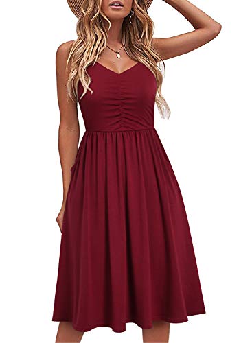 YATHON Casual Dresses for Women Sleeveless Cotton Summer Beach Dress A Line Spaghetti Strap Sundresses with Pockets - Large - Burgundy
