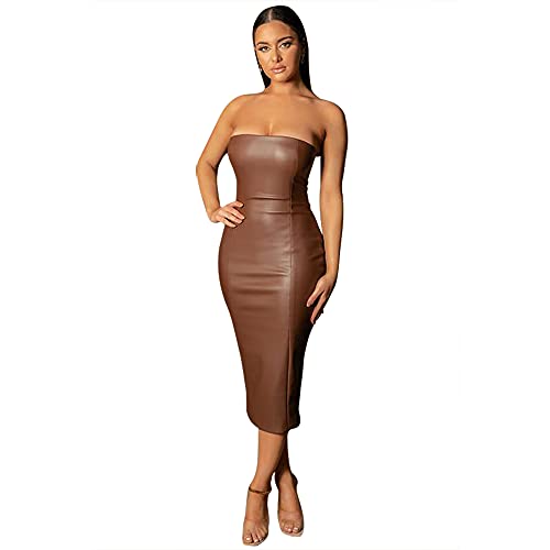 XLLAIS Women Sexy Strapless Tube Top Club Midi Dress Off Shoulder Bodycon Party Faux Leather Dress - X-Large - Brown