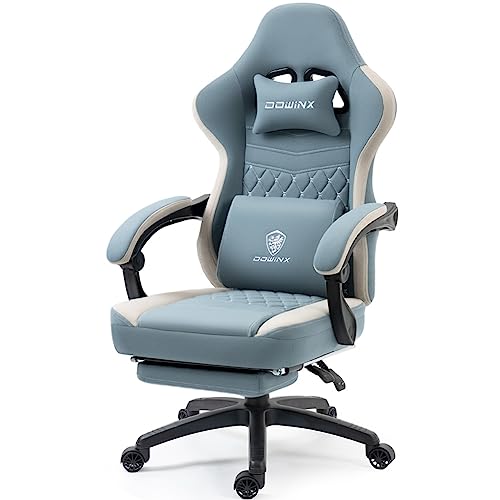 Dowinx Gaming Chair Breathable Fabic Computer Chair with Pocket Spring Cushion, Comfortable Office Chair with Gel Pad and Storage Bags,Massage Game Chair with Footrest,Blue - Blue