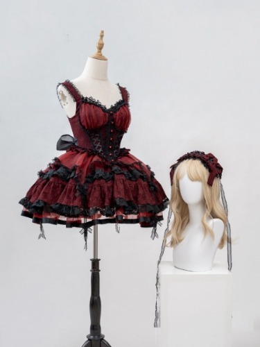 [$99.50]Red and Black Gothic Corset Dress Tiered Ruffles Hem Lolita Jumper Skirt