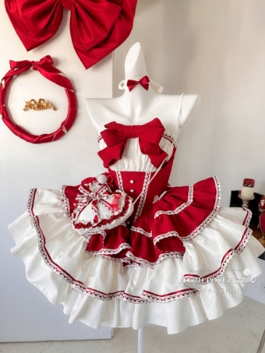 [$97.00]Christmas Puffy Dress White and Red Jumper Skirt Full Set
