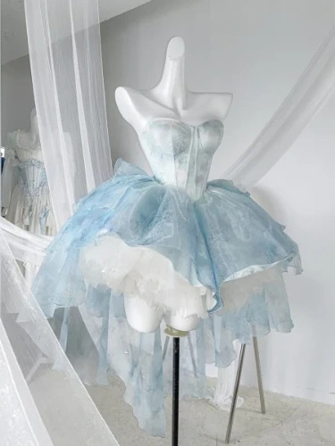 [$126.25]Blue Fairy Princess Corset Puffy Dress with Train