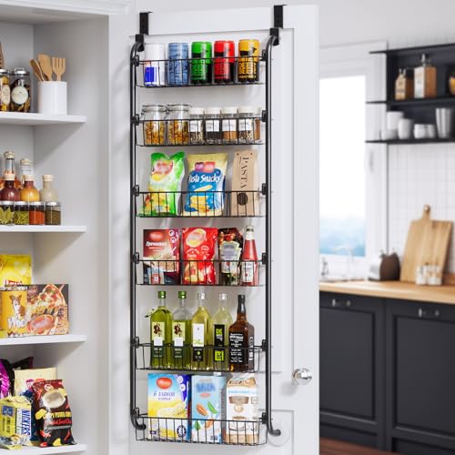 Delamu Over the Door Pantry Organizer, Metal Pantry Organizers and Storage, 6-Tier Over the Door Organizer, Pantry Door Organizer for Easy Install, D5 x W18 x H50 inch, Black - Black - 6x W16.2"xD4.7"xH3"Baskets