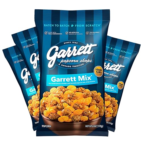 Garrett Popcorn Garrett Mix, 6.0oz, 4 Bags,​ Cheese and Caramel Gourmet Popcorn, Gluten Free, Sweet and Salty Snack, Popped Popcorn Bags
