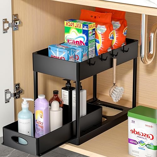 PUILUO Under Sliding Cabinet Basket Organizer, 2 Tier Under Sink Organizers Black Under Sink Storage for Bathroom Kitchen - Black
