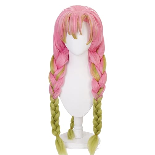MisEino Anime Demon Slayer Kanroji Mitsuri Cosplay Wig for Women Girls Long Straight Braided Wig Pink and Green Synthetic Wigs Halloween Party Costume Accessory - 1505