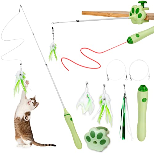 BEBOBLY 3-in-1 Retractable Cat Wand Toy for Indoor Cats Interactive Cat Feather Toys - Green