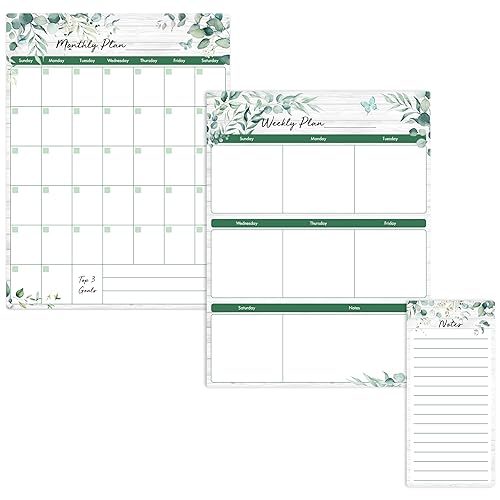 Magnetic Dry Erase Calendar, 3 PCS Greenery Monthly & Weekly Planner, Notes, Goals Grocery & To Do List, Planner Organizer for Family Kitchen, Refrigerator, Office, Classroom - Green Plant Style