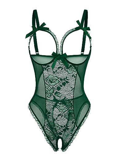 Avidlove Women One Piece Lingerie Sexy Lace Babydoll Mini Bodysuit - XX-Large - Dark Green