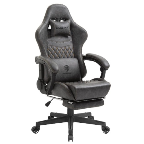 Dowinx Gaming Chair with Massage Lumbar Support, Vintage Style Office Computer Chair PU Leather E-Sports Gamer Chairs with Retractable Footrest and Headrest Light Grey - Grey-1