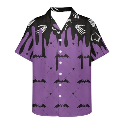Halloween Shirt Men Fun Pumpkins skull Short Sleeve Button Down Hawaiian holiday Shirts - Small - Purple3