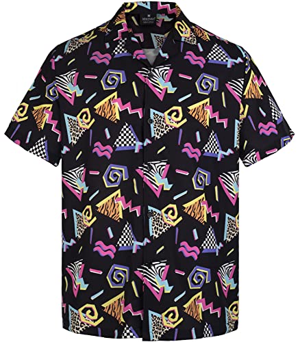 MIKENKO 80s 90s Hawaiian Shirt for Men Funny Button Down Shirt Big and Tall Short Sleeves Button Up Shirts for Men Women - Small - 80s 90s Black 01