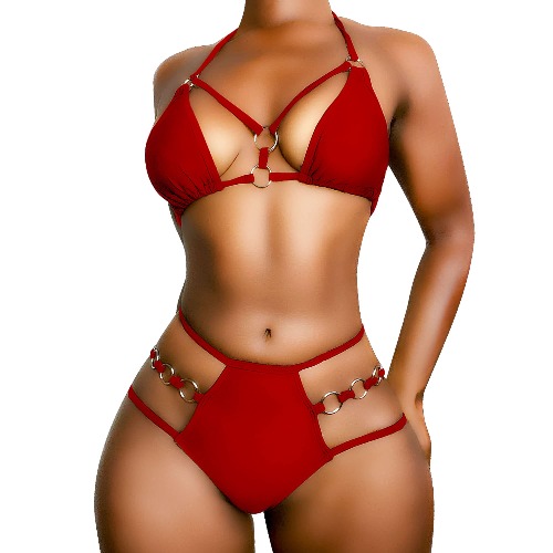 EJsoyo Womens Sexy Thong Bikini Swimsuits String Push up Padded Bathing Suit 2 Piece Cheeky Swimwear with Metal Ring - Red Small