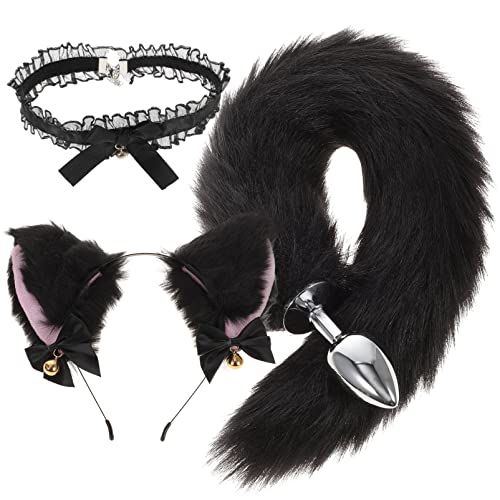 KESYOO 1 Set Furry Fox Tail Plug Animal Ears Headband Choker Breast Clips - 47X6X6CM - Black